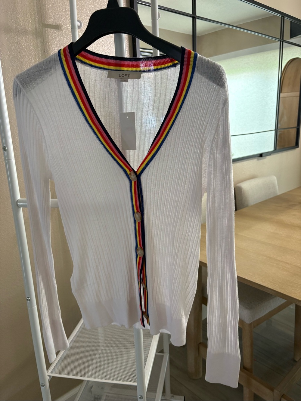 LOFT White Ribbed V-Neck Cardigan with Rainbow Stripe Trim